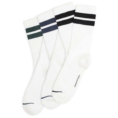 3-pack of white Athletique Classique Clean Stripes socks with navy, black and green stripes