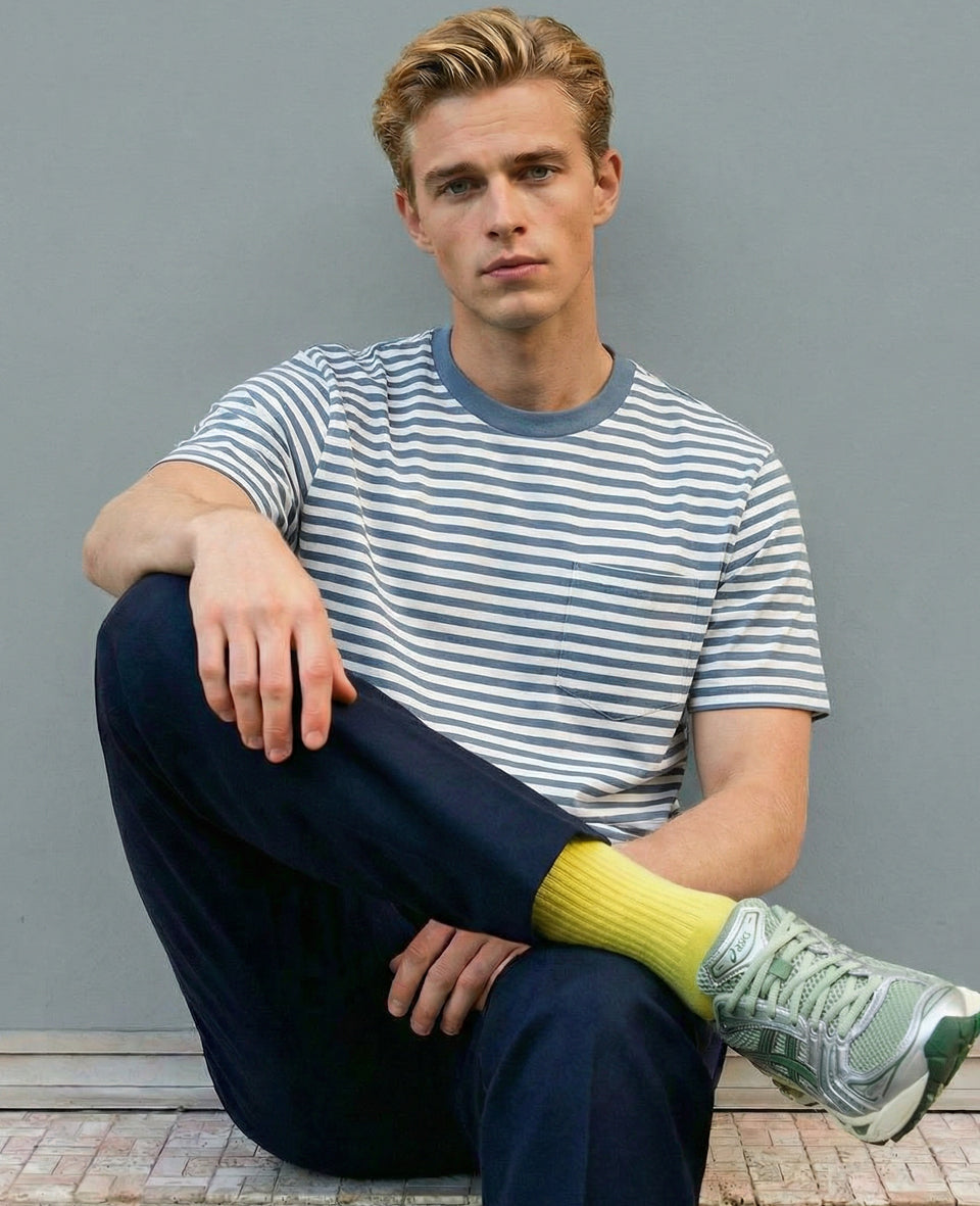 Democratique Socks Fine Rib in yellow worn with Asics sneakers