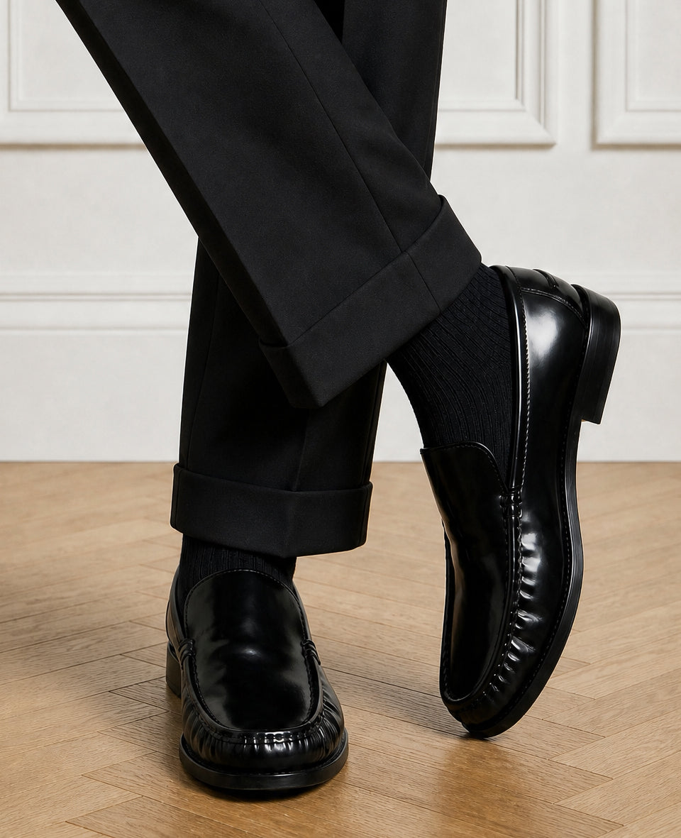 Democratique Socks Fine Rib Black worn with black loafers