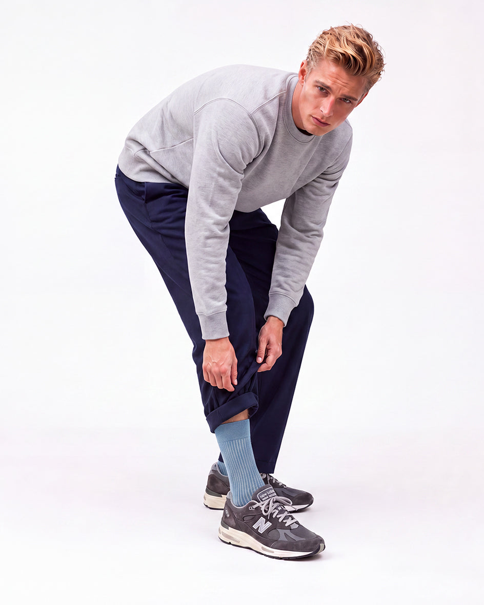 Democratique Socks Fine Rib styled with New Balance sneakers — guide to wearing socks with sneakers