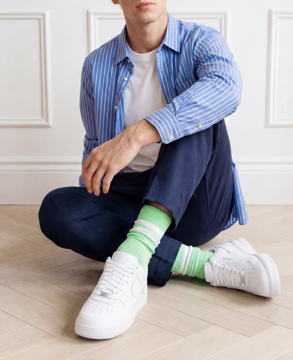 Democratique Socks Fine Rib light green stripes — sock care guide