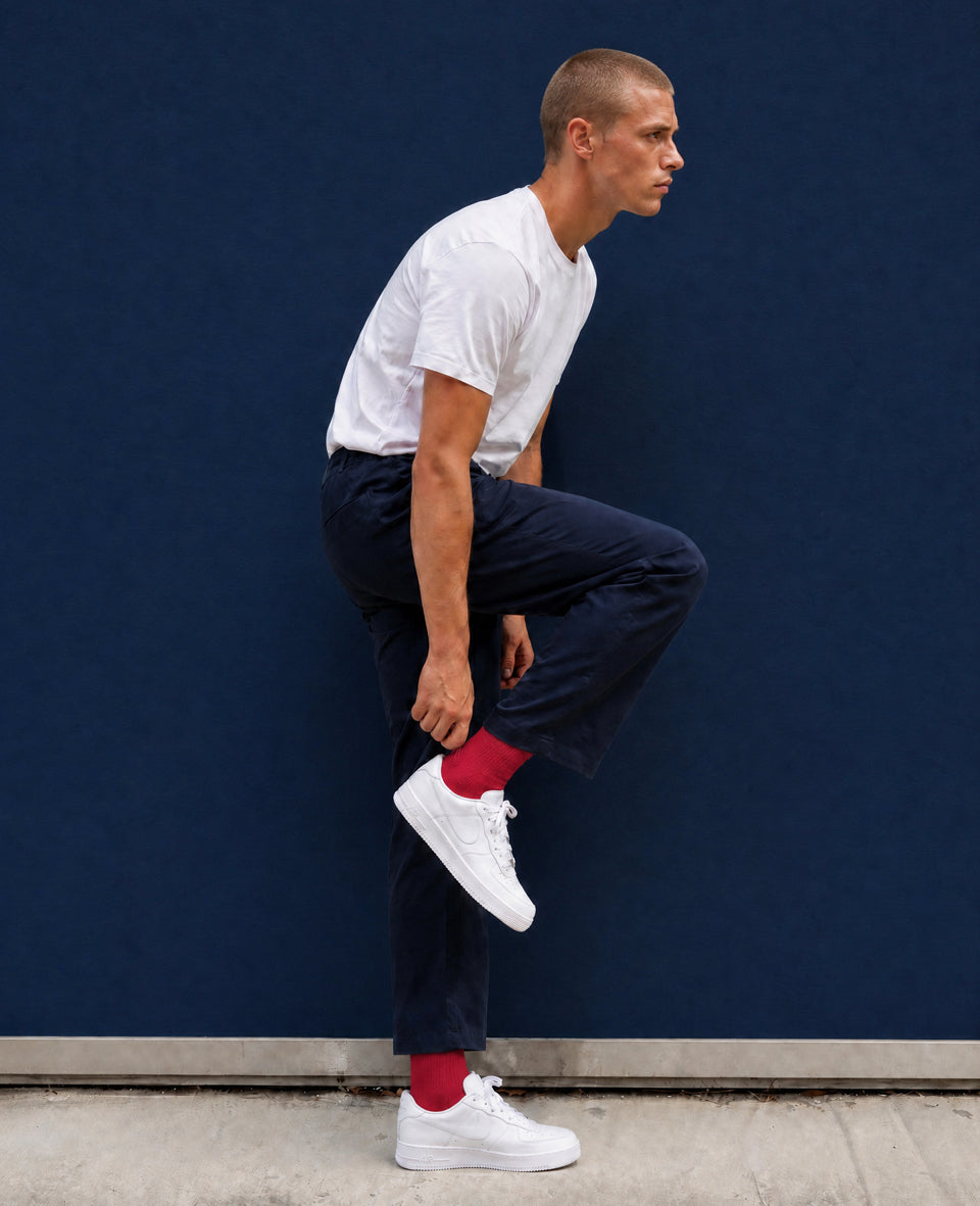 Democratique Socks worn with white sneakers — color pairing guide