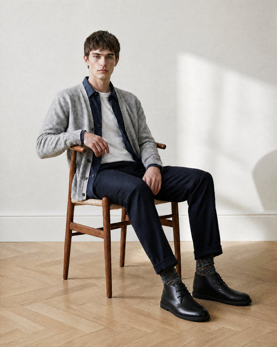 Democratique Socks Relax Heavy Rib Supermelange worn with chukka boots — heavy rib twisted-yarn construction for boot wear, organic combed cotton designed in Copenhagen and produced in Istanbul.