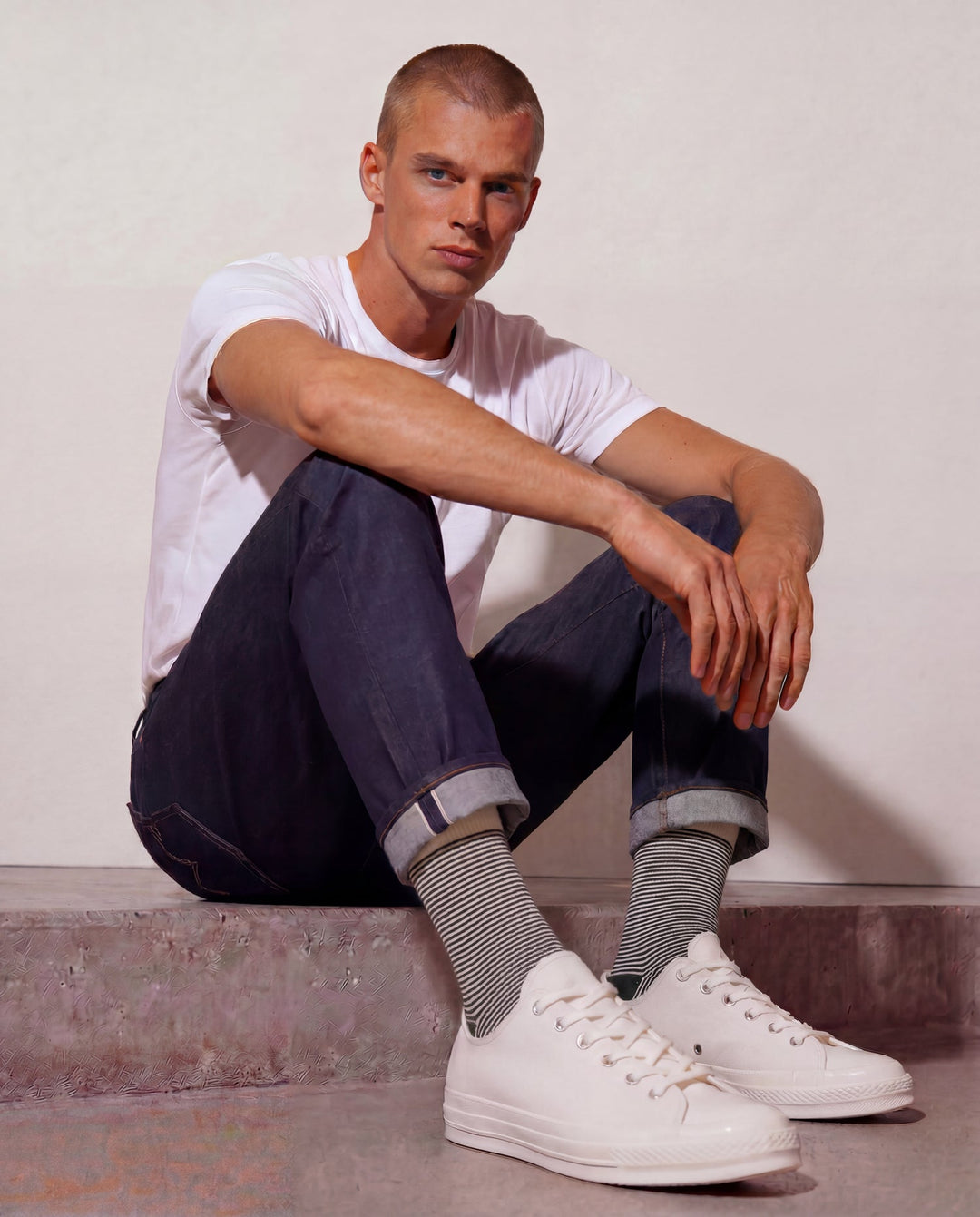 Democratique Socks Originals Ultralight Stripes in Forest Green and Off White worn with white Nike Air Force 1 trainers