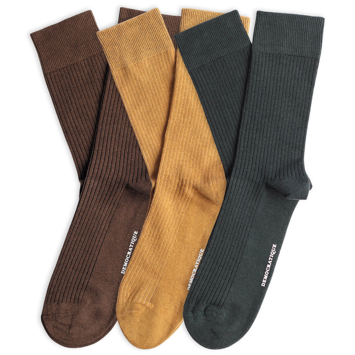 3-pack Originals Fine Rib Socks Brown/Gold/Green - Democratique Socks
