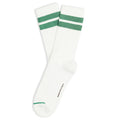 A pair of white crew socks with two green stripes near the cuff and a small green stripe on the toe, shown on a plain white background.
